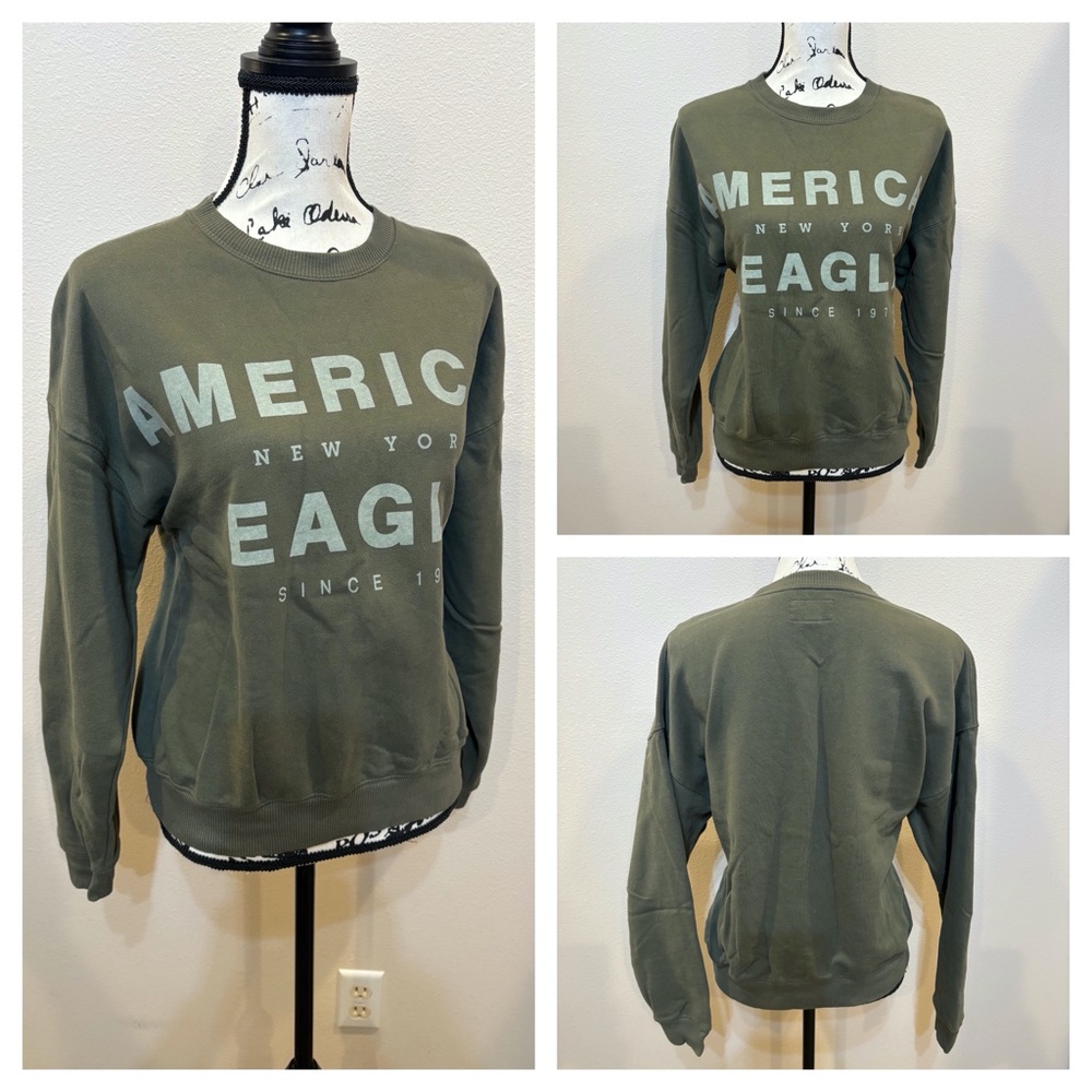 American Eagle AE Funday Crew Neck Graphic Pullover Sweatshirt Olive Green Small